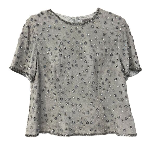 Adriana Papell Blouse 16W Gray Silver Silk Sequins Beaded Formal Evening Gatsby - Picture 1 of 7